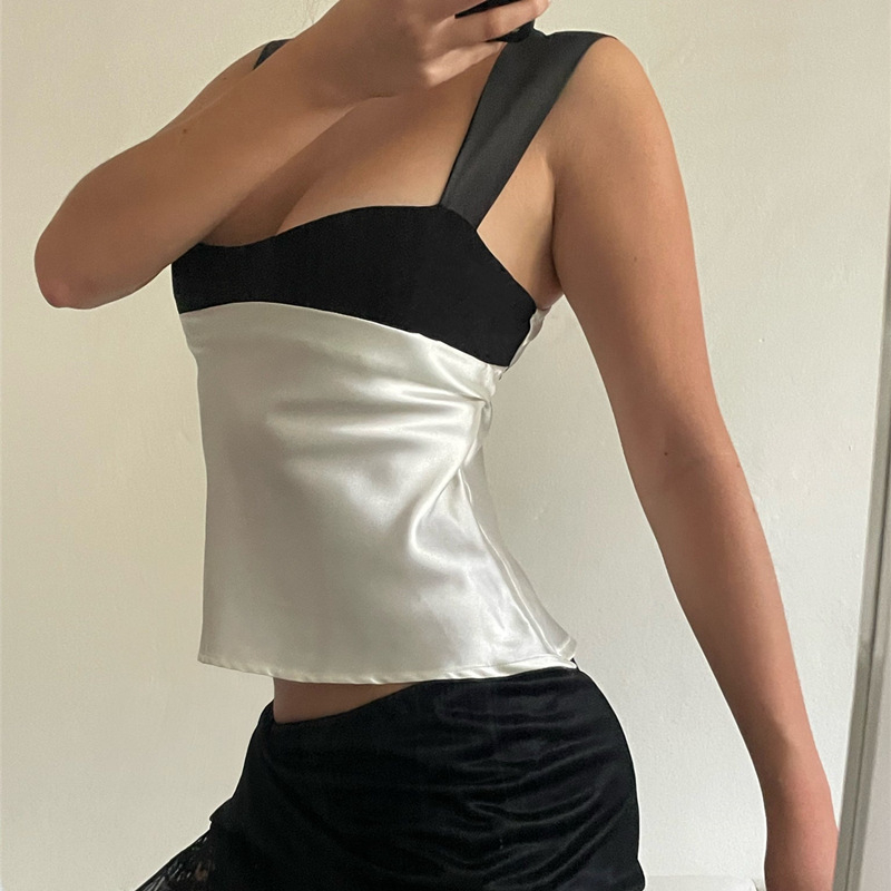 Ljetna color-block kamizol bez leđa s tankim trakama i uskim strukom – seksi bez rukava top