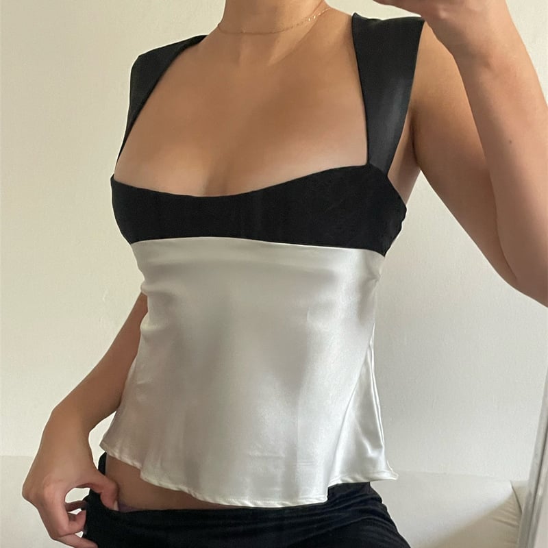Ljetna color-block kamizol bez leđa s tankim trakama i uskim strukom – seksi bez rukava top
