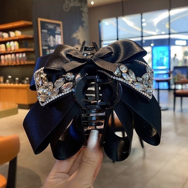 Premium crni klip za kosu s rhinestones, višeslojna mašna, veliki klip u obliku ajkule za žene, elegantan i luksuzan dodatak za kosu
