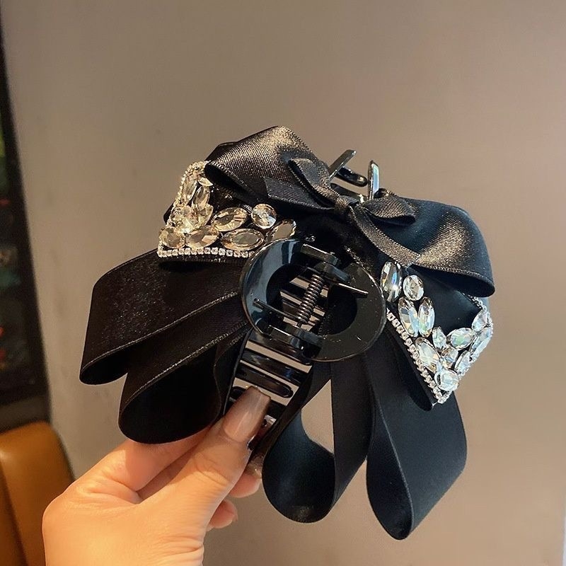 Premium crni klip za kosu s rhinestones, višeslojna mašna, veliki klip u obliku ajkule za žene, elegantan i luksuzan dodatak za kosu