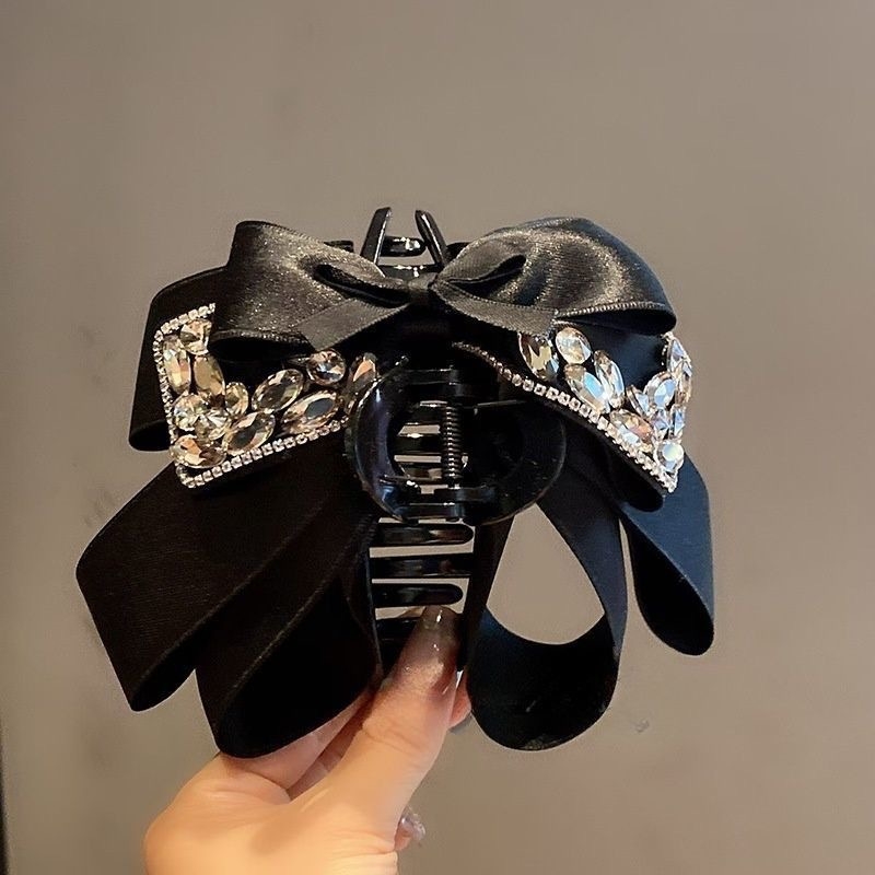 Premium crni klip za kosu s rhinestones, višeslojna mašna, veliki klip u obliku ajkule za žene, elegantan i luksuzan dodatak za kosu