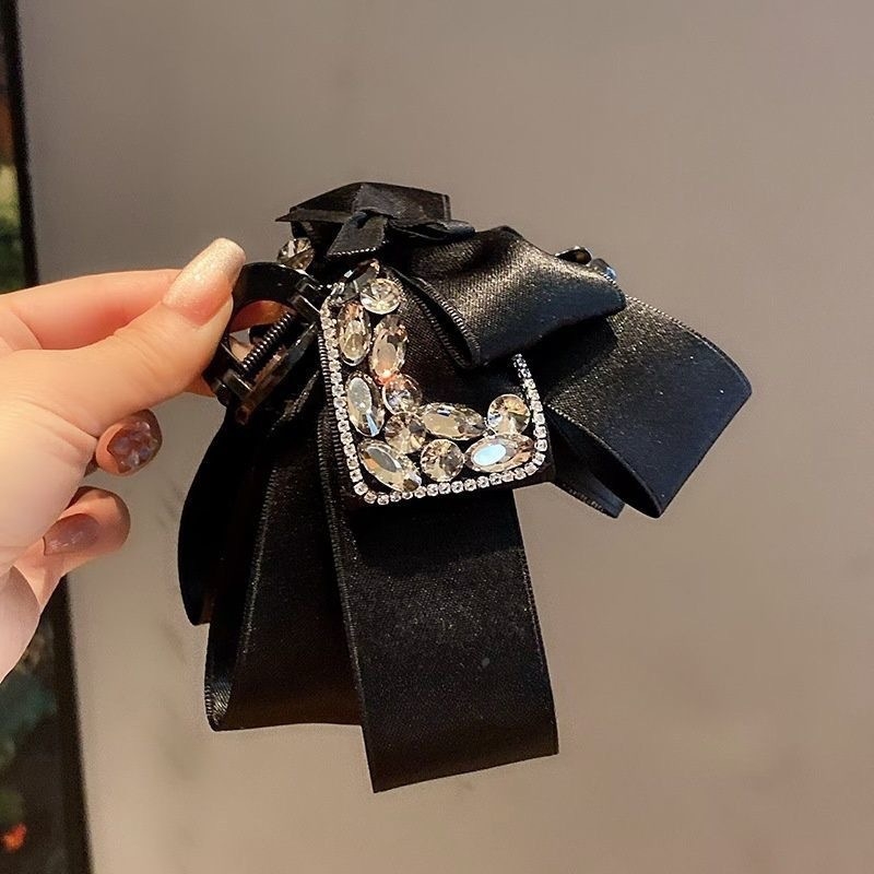 Premium crni klip za kosu s rhinestones, višeslojna mašna, veliki klip u obliku ajkule za žene, elegantan i luksuzan dodatak za kosu