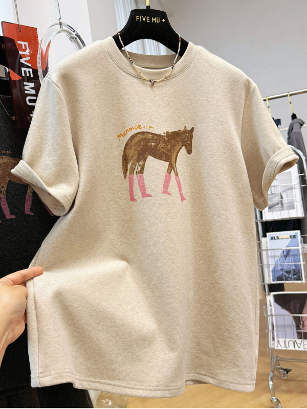 Ženski T-shirt s rebrastim termalnim materijalom, plus veličina, rana proljeća, print s crtanom, ležeran kroj, kratki rukavi