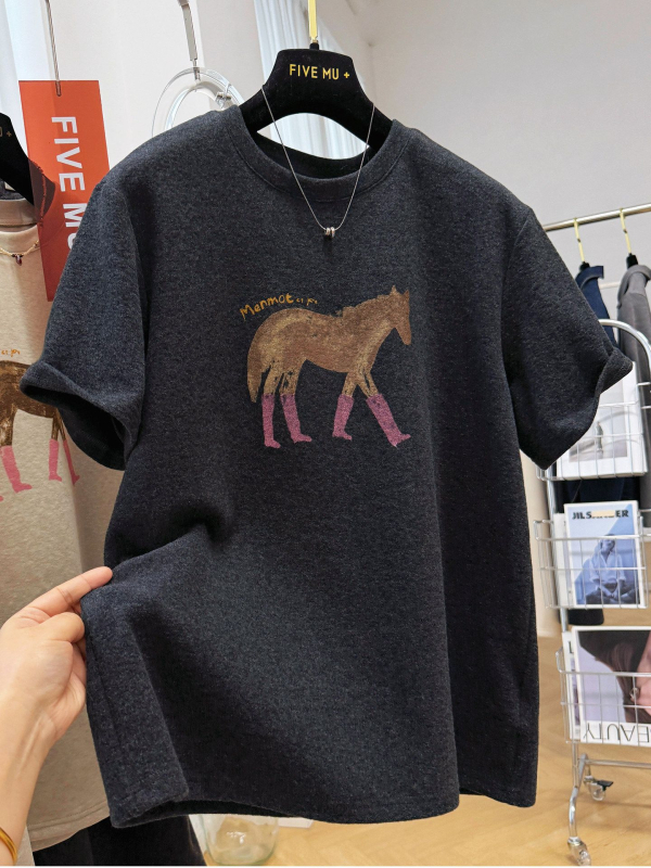 Ženski T-shirt s rebrastim termalnim materijalom, plus veličina, rana proljeća, print s crtanom, ležeran kroj, kratki rukavi
