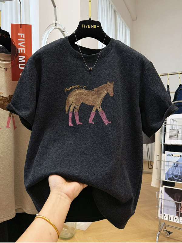 Ženski T-shirt s rebrastim termalnim materijalom, plus veličina, rana proljeća, print s crtanom, ležeran kroj, kratki rukavi