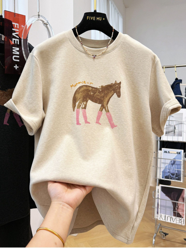 Ženski T-shirt s rebrastim termalnim materijalom, plus veličina, rana proljeća, print s crtanom, ležeran kroj, kratki rukavi