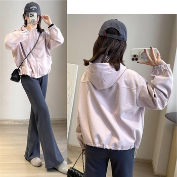 Ženska proljetna jakna s kapuljom i dvostrukim zatvaračima, twill tekstura, cocoon kroj, standardna duljina, dugi rukavi, casual japansko-korejski stil, boje bež, ružičasta i tamno siva, veličine M, L