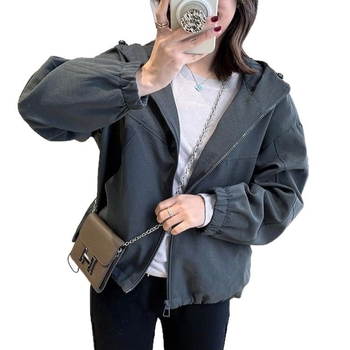 Ženska proljetna jakna s kapuljom i dvostrukim zatvaračima, twill tekstura, cocoon kroj, standardna duljina, dugi rukavi, casual japansko-korejski stil, boje bež, ružičasta i tamno siva, veličine M, L