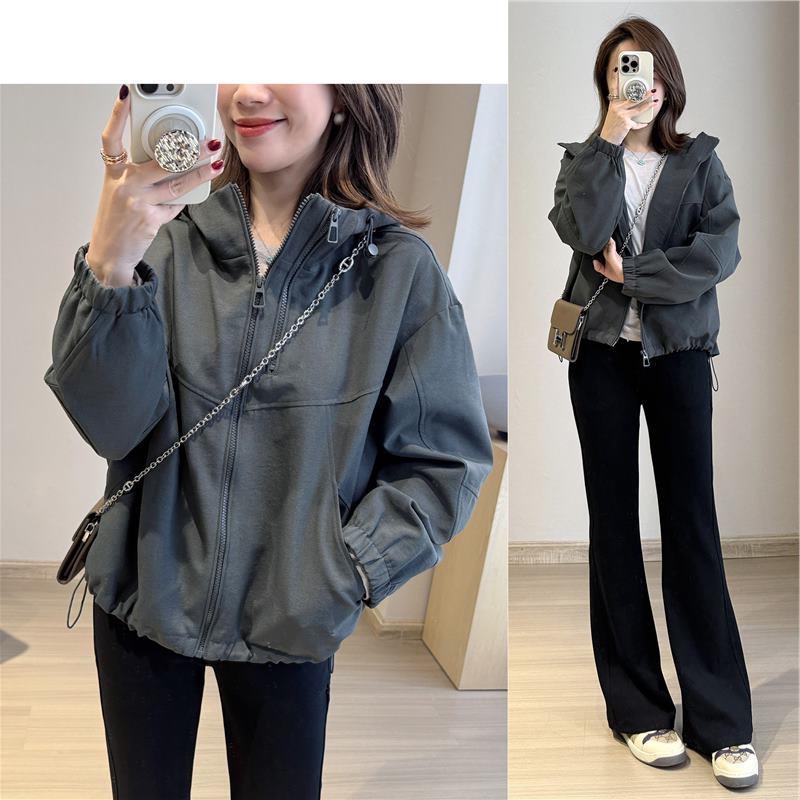Ženska proljetna jakna s kapuljom i dvostrukim zatvaračima, twill tekstura, cocoon kroj, standardna duljina, dugi rukavi, casual japansko-korejski stil, boje bež, ružičasta i tamno siva, veličine M, L