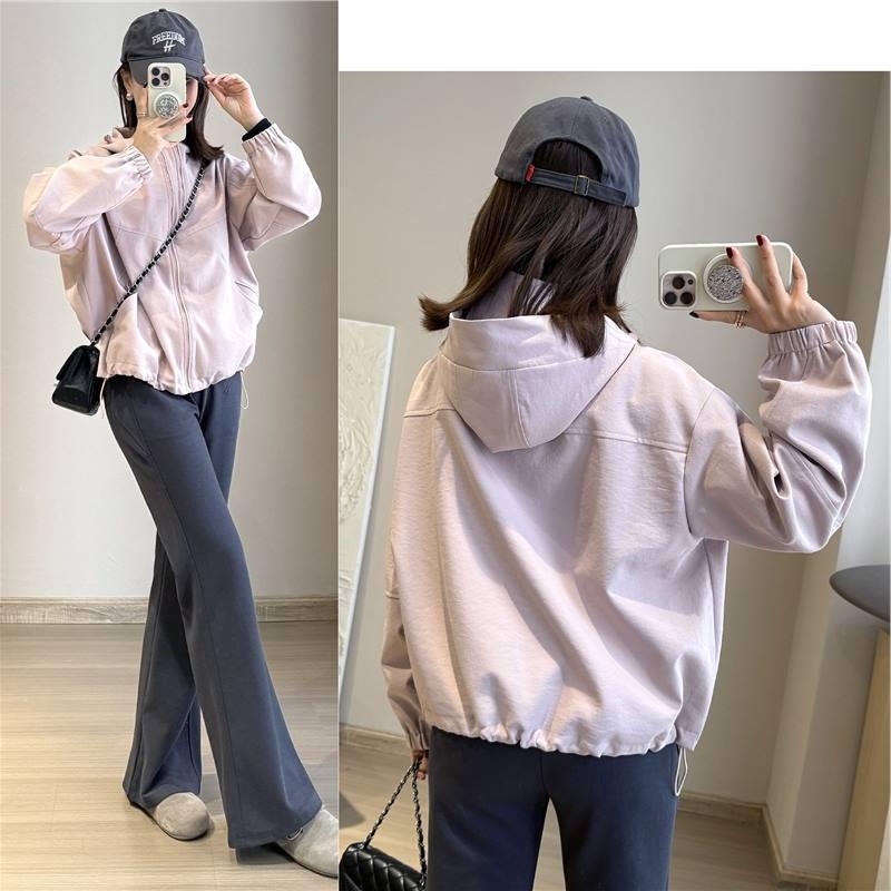 Ženska proljetna jakna s kapuljom i dvostrukim zatvaračima, twill tekstura, cocoon kroj, standardna duljina, dugi rukavi, casual japansko-korejski stil, boje bež, ružičasta i tamno siva, veličine M, L