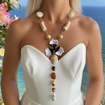 Ženski ogrlica s cvijetom od smole i perlama, privjesak od legure, boemski elegantan dizajn, morski stil