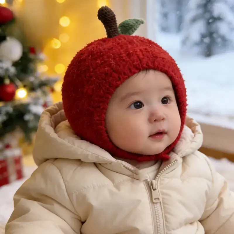 Pliš kapa za bebe, topla zimska kapa s zaštitom za uši, unisex, crvena za Novu godinu, za bebe od 0 do 2 godine
