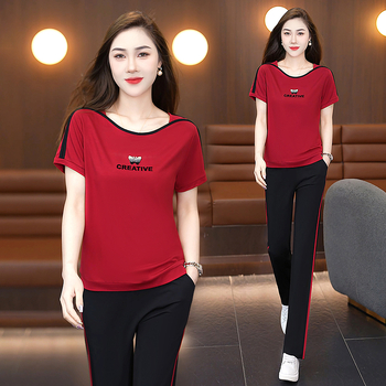 Дамски лятен спортен комплект Ice Silk: топ с къс ръкав и дълги панталони, casual стил