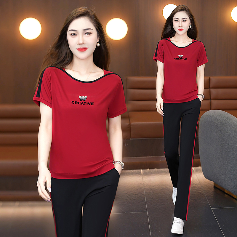 Дамски лятен спортен комплект Ice Silk: топ с къс ръкав и дълги панталони, casual стил