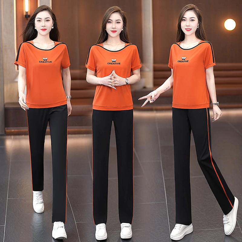 Дамски лятен спортен комплект Ice Silk: топ с къс ръкав и дълги панталони, casual стил
