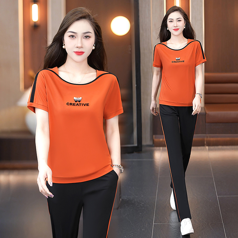 Дамски лятен спортен комплект Ice Silk: топ с къс ръкав и дълги панталони, casual стил