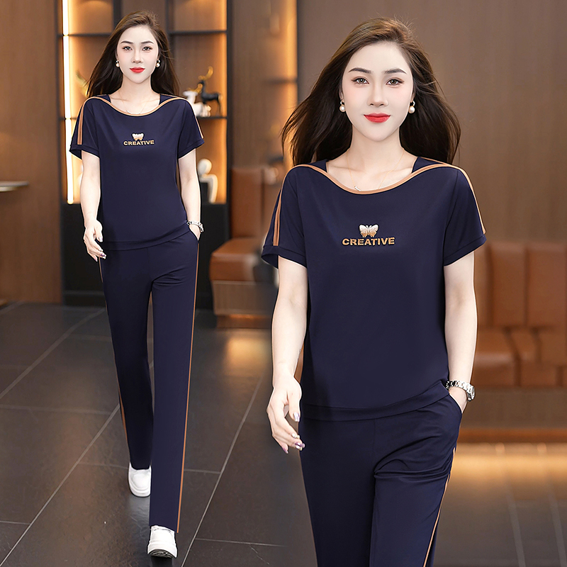 Дамски лятен спортен комплект Ice Silk: топ с къс ръкав и дълги панталони, casual стил