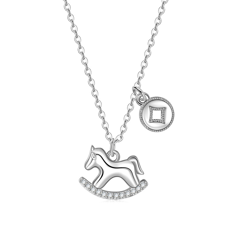 Ogrlica od S925 sterling srebra za žene s motivom Money Comes Quickly, mali konjić privjesak, dizajn zodijaka, lančić za ključnicu