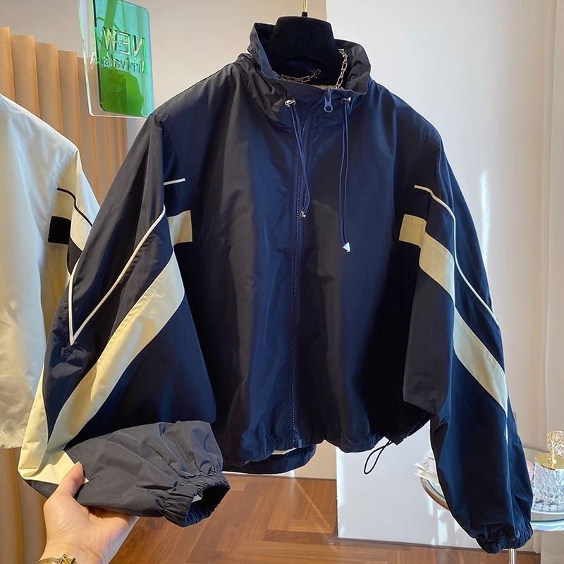 Ženska vjetrovka s stojećim ovratnikom, šnira za pričvršćivanje, široka ležerna silueta, proljetno-jesenski model, baseball stil