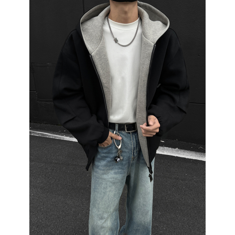 Мъжки oversize кардиган-свитер с качулка и двупосен цип, пролет–есен 2025