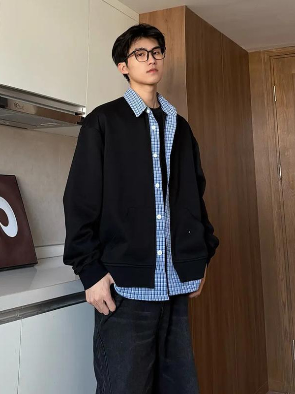 Американски стил суитшърт-кардиган с plaid patchwork, мъжки, ежедневен топ за пролет и есен