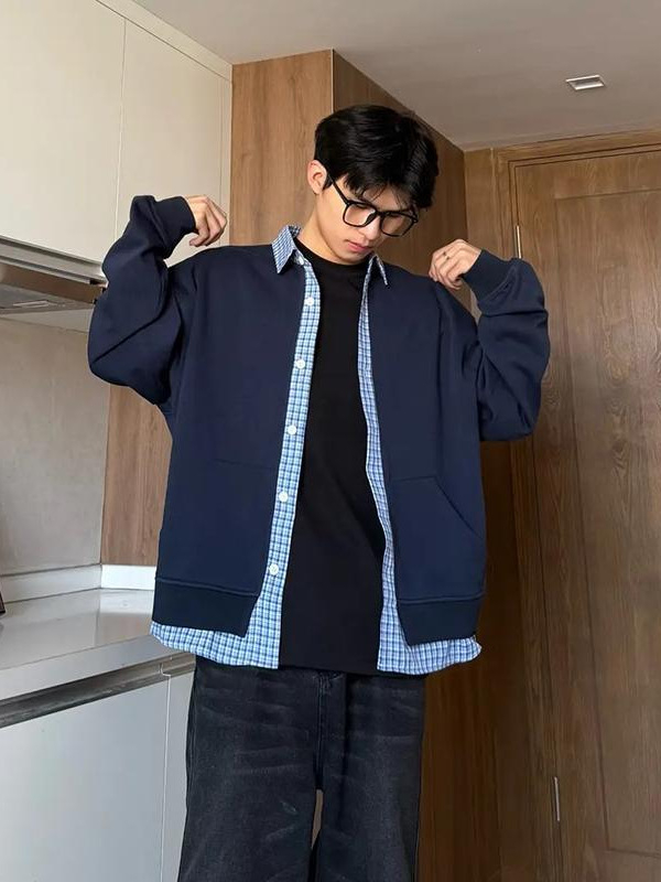 Американски стил суитшърт-кардиган с plaid patchwork, мъжки, ежедневен топ за пролет и есен