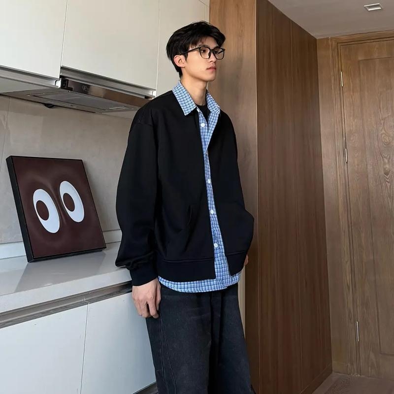 Американски стил суитшърт-кардиган с plaid patchwork, мъжки, ежедневен топ за пролет и есен