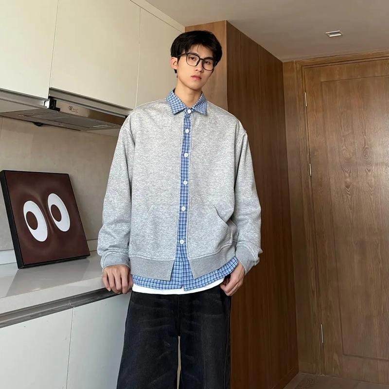 Американски стил суитшърт-кардиган с plaid patchwork, мъжки, ежедневен топ за пролет и есен