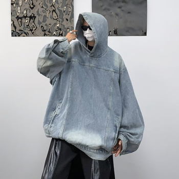 Мъжки дънков суитшърд с качулка, свободен силует, памучен деним, V-образно деколте, дълги ръкави, ежедневен винтидж стил