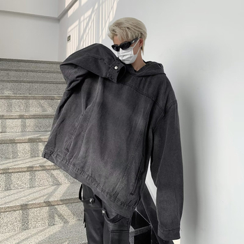 Мъжки дънков суитшърд с качулка, свободен силует, памучен деним, V-образно деколте, дълги ръкави, ежедневен винтидж стил