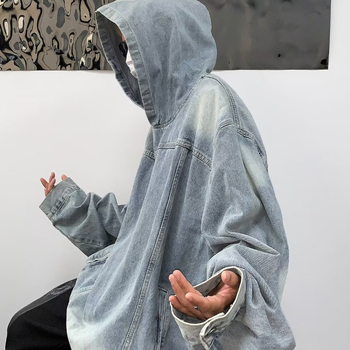 Мъжки дънков суитшърд с качулка, свободен силует, памучен деним, V-образно деколте, дълги ръкави, ежедневен винтидж стил