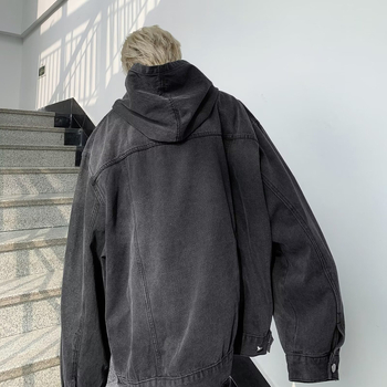 Мъжки дънков суитшърд с качулка, свободен силует, памучен деним, V-образно деколте, дълги ръкави, ежедневен винтидж стил