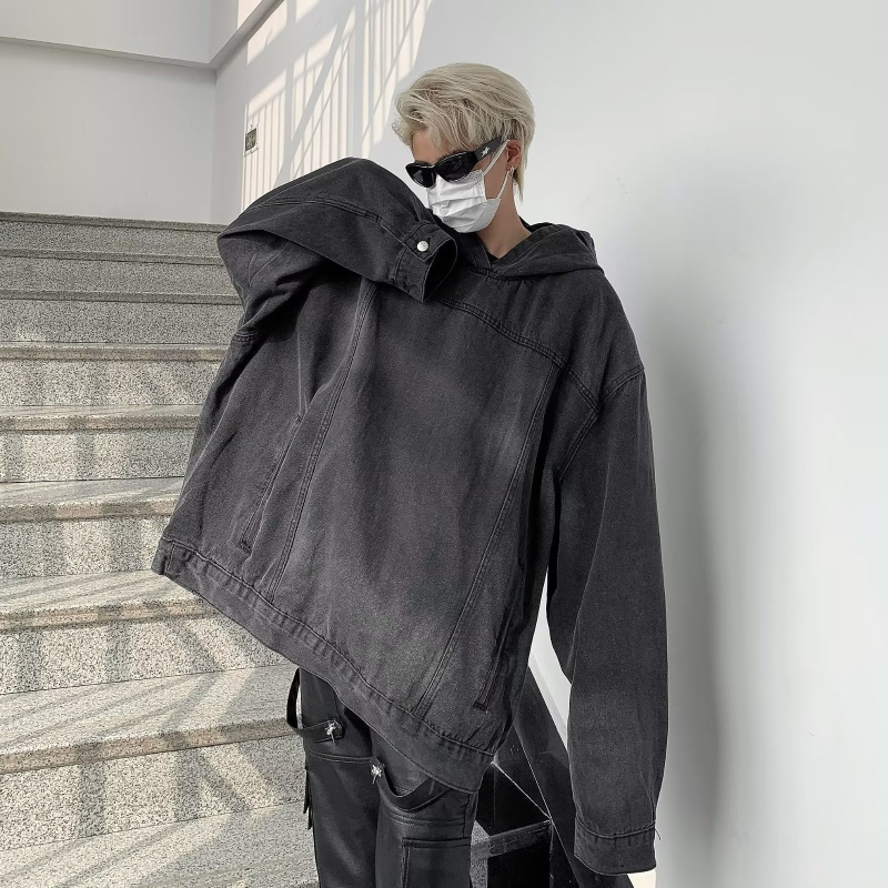 Мъжки дънков суитшърд с качулка, свободен силует, памучен деним, V-образно деколте, дълги ръкави, ежедневен винтидж стил