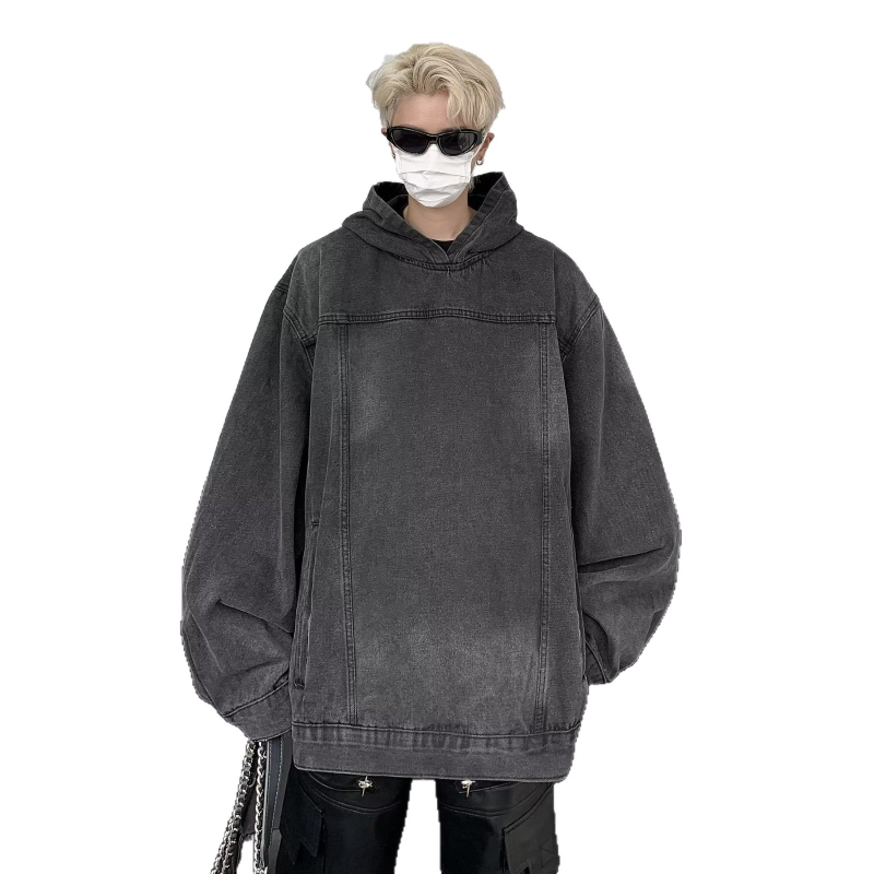 Мъжки дънков суитшърд с качулка, свободен силует, памучен деним, V-образно деколте, дълги ръкави, ежедневен винтидж стил