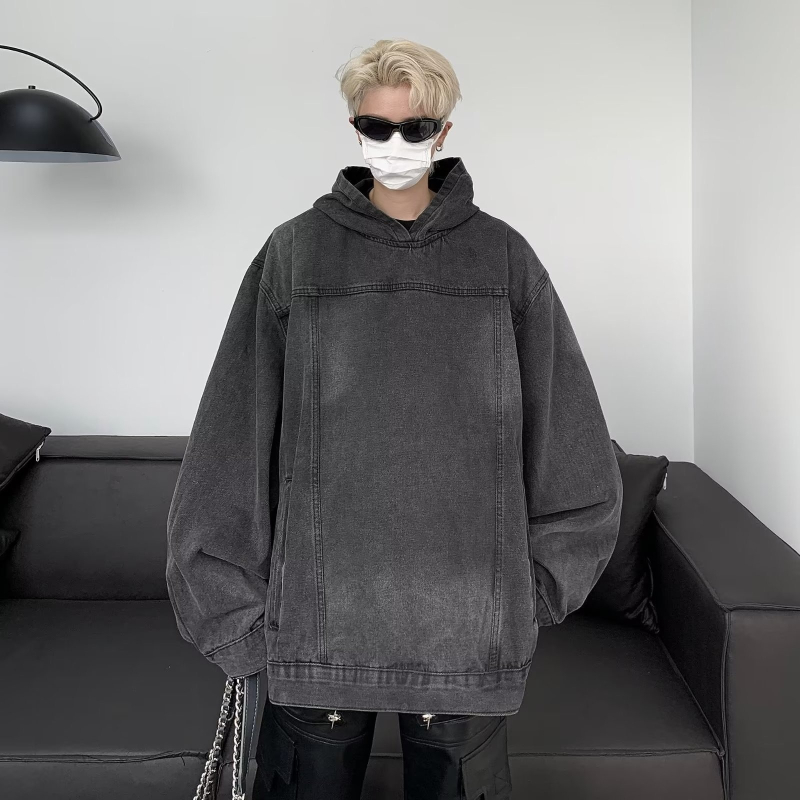 Мъжки дънков суитшърд с качулка, свободен силует, памучен деним, V-образно деколте, дълги ръкави, ежедневен винтидж стил