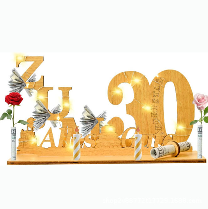 Drveni LED svjetleći niz za rođendan sa stalkom, stolna dekoracija za uzrast od 18 do 100 godina