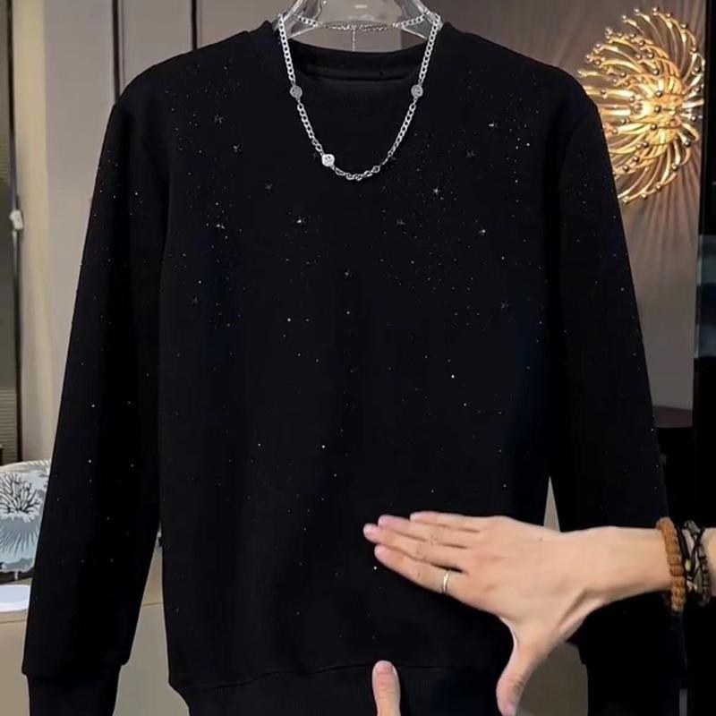 Мъжки пуловер за есен-зима с поларена подплата и кръгло деколте, слим фит, ежедневен стил, принт звездно небе