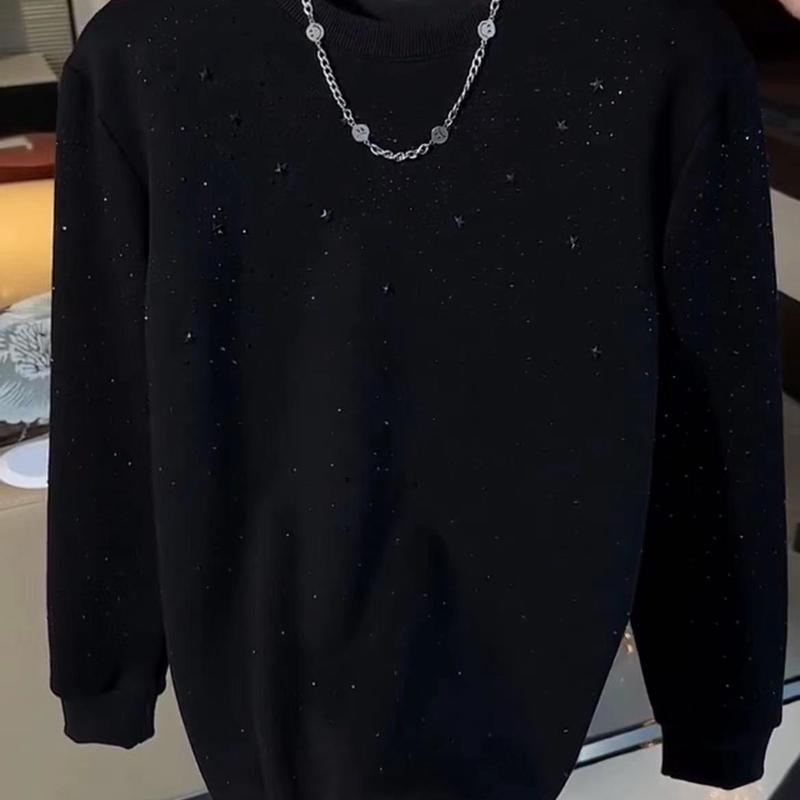 Мъжки пуловер за есен-зима с поларена подплата и кръгло деколте, слим фит, ежедневен стил, принт звездно небе