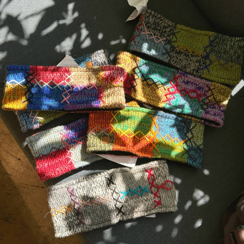 Bandă pentru cap din lână, țesută manual, cu blocuri de culori, stil Fair Isle, pentru ciclism, caldă și rezistentă la vânt, stilată
