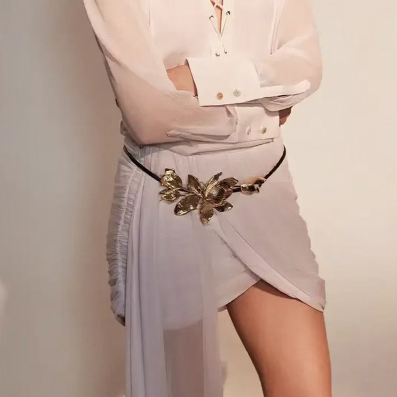 Lanac za struk s velikim tulipanom cvijetom, retro europskog stila, crni kožni konac – svestran dodatak za haljine i traperice
