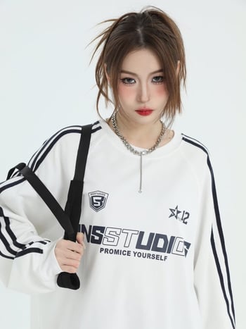 INSstudios свитшот с три ивици, раглан ръкави, американски ретро стил, свободен силует, плътен плат, за мъже, принт на карикатура с емблема