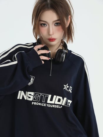 INSstudios свитшот с три ивици, раглан ръкави, американски ретро стил, свободен силует, плътен плат, за мъже, принт на карикатура с емблема