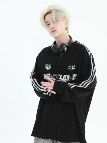 INSstudios свитшот с три ивици, раглан ръкави, американски ретро стил, свободен силует, плътен плат, за мъже, принт на карикатура с емблема