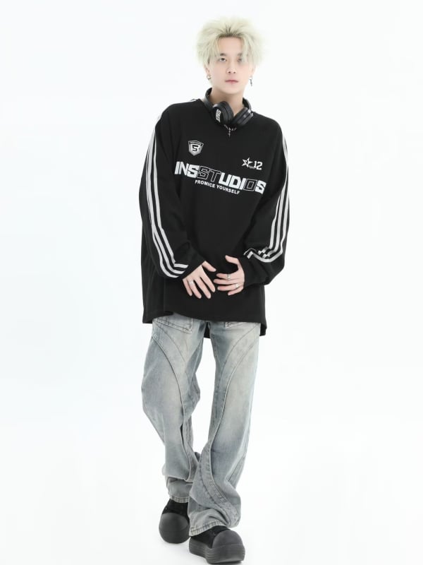 INSstudios свитшот с три ивици, раглан ръкави, американски ретро стил, свободен силует, плътен плат, за мъже, принт на карикатура с емблема