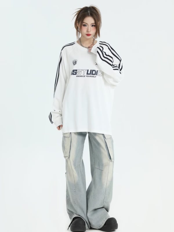 INSstudios свитшот с три ивици, раглан ръкави, американски ретро стил, свободен силует, плътен плат, за мъже, принт на карикатура с емблема