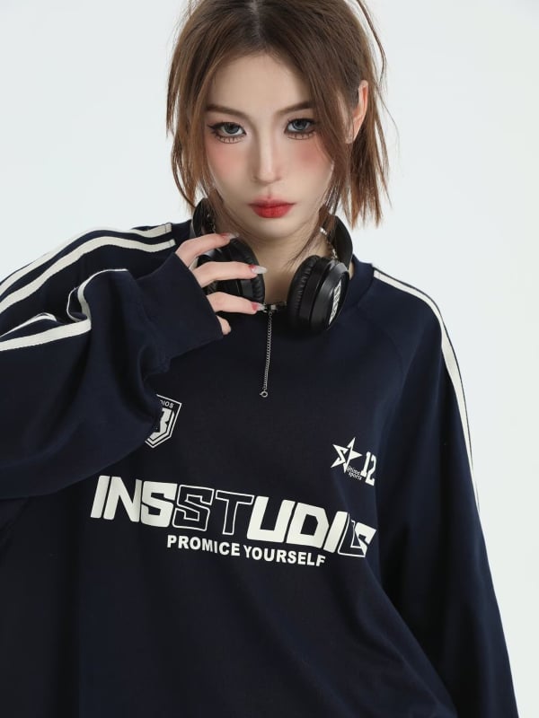 INSstudios свитшот с три ивици, раглан ръкави, американски ретро стил, свободен силует, плътен плат, за мъже, принт на карикатура с емблема