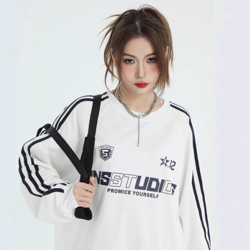 INSstudios свитшот с три ивици, раглан ръкави, американски ретро стил, свободен силует, плътен плат, за мъже, принт на карикатура с емблема