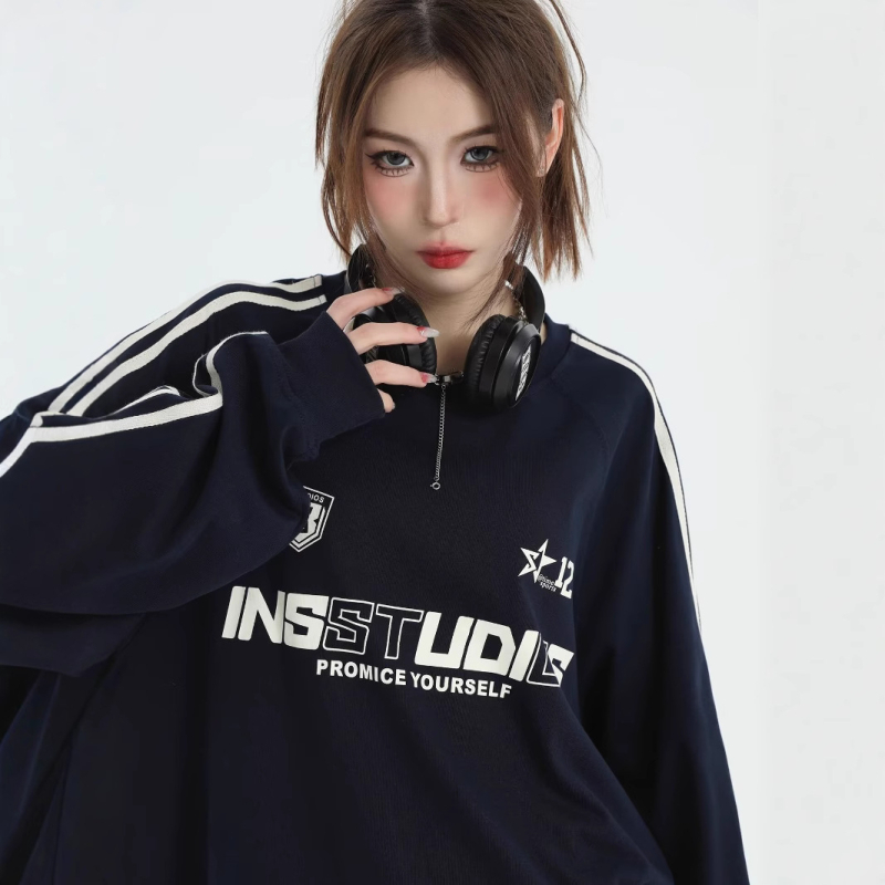 INSstudios свитшот с три ивици, раглан ръкави, американски ретро стил, свободен силует, плътен плат, за мъже, принт на карикатура с емблема