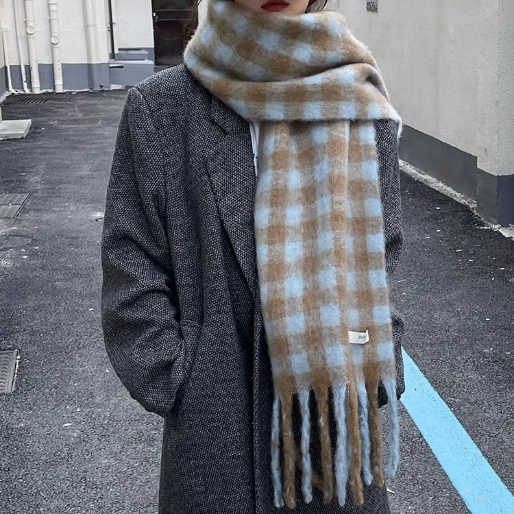 Plavi karirani šal s resicama, poliester, zimska toplina, korejski stil, veličina 40×200 cm