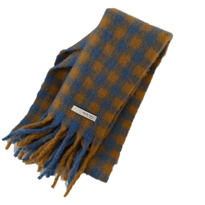 Plavi karirani šal s resicama, poliester, zimska toplina, korejski stil, veličina 40×200 cm